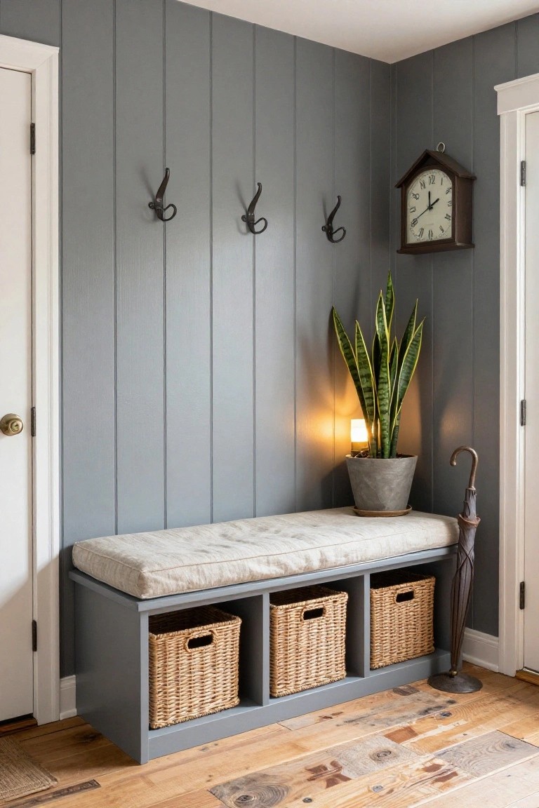 Gray bench with cushion, baskets, hooks, plant, clock, and umbrella in entryway
