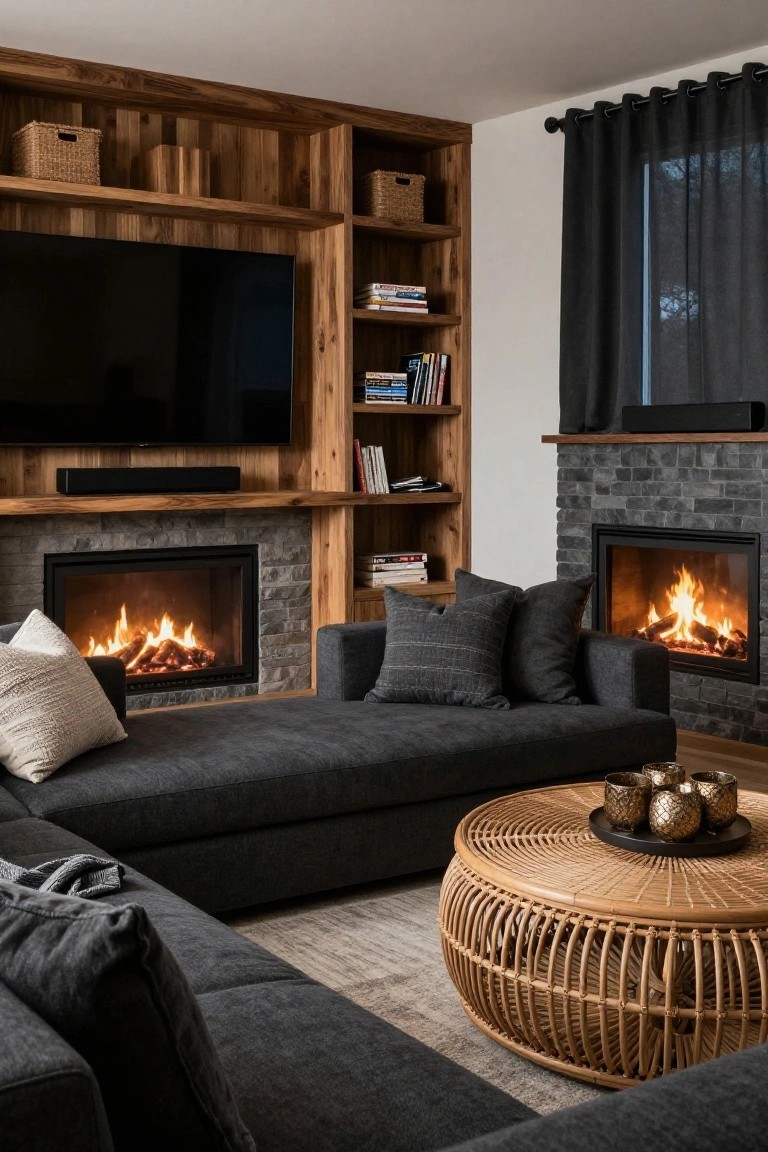 A living room featuring a dark sectional sofa facing a stone fireplace with a television above it, flanked by wooden built-in shelves holding books and baskets, and a round wicker coffee table in the foreground.