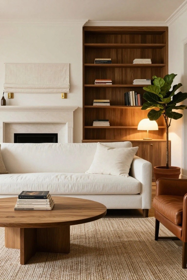 A living room with a white sofa, round wooden coffee table stacked with books, and a large built-in wooden bookshelf filled with books beside a fireplace.
