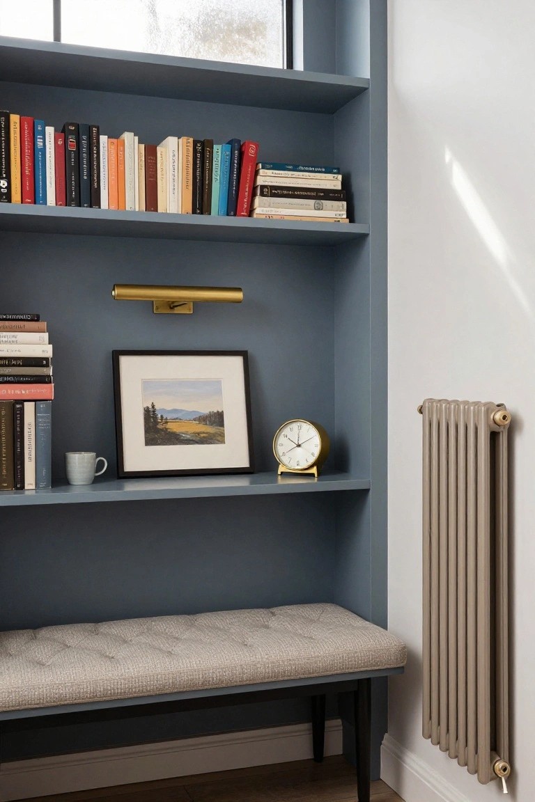 A blue built-in bookshelf alcove with books on the top and bottom shelves, a framed landscape print and small clock on the middle shelf, and a light gray upholstered bench underneath.