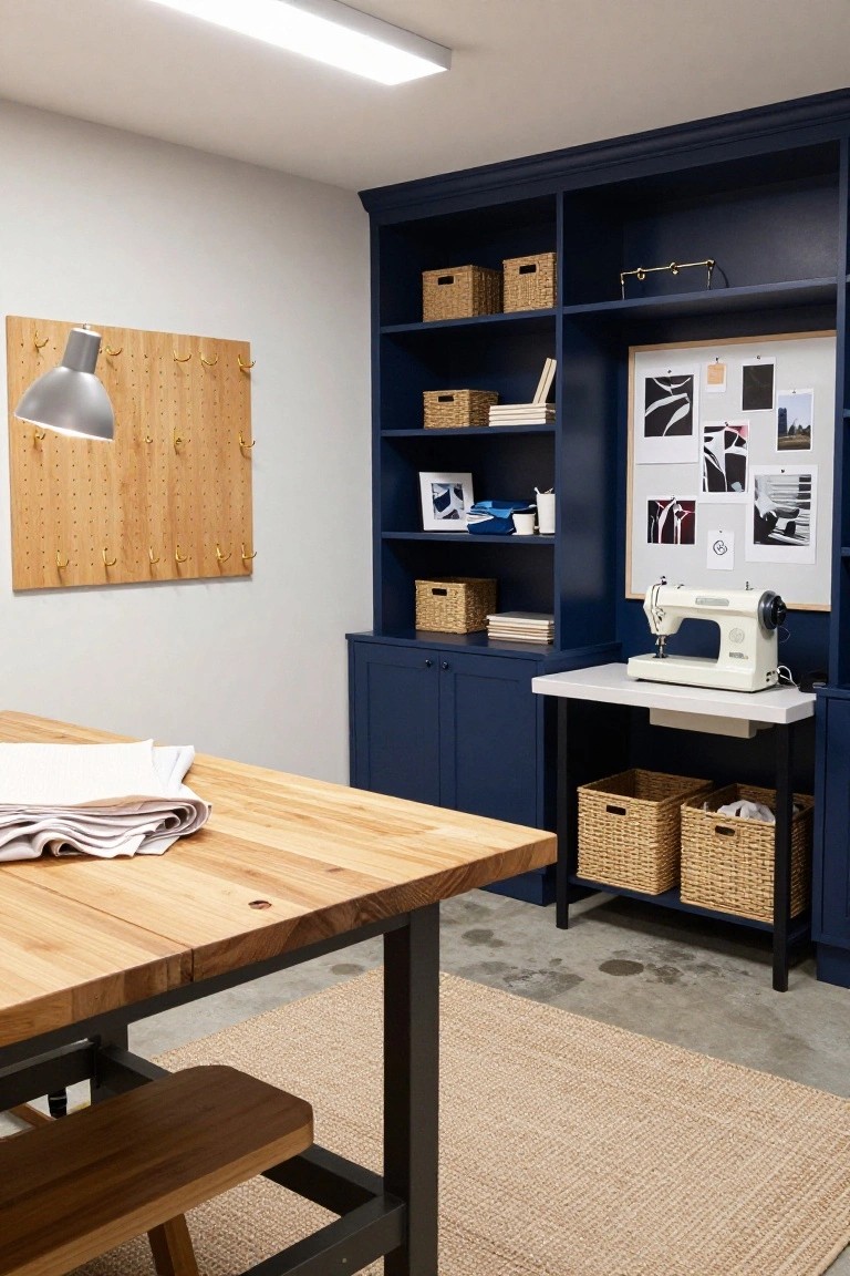 A room with navy blue built-in shelves holding baskets and supplies, a sewing machine on a white table, a pegboard on the wall, and a wooden work table in the foreground.