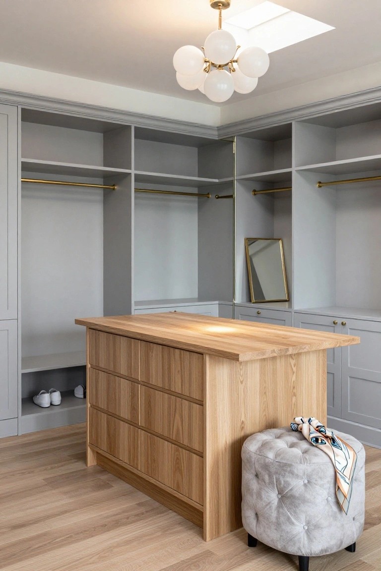 Modern walk-in closet with wooden island, gray shelving, chandelier, and tufted ottoman