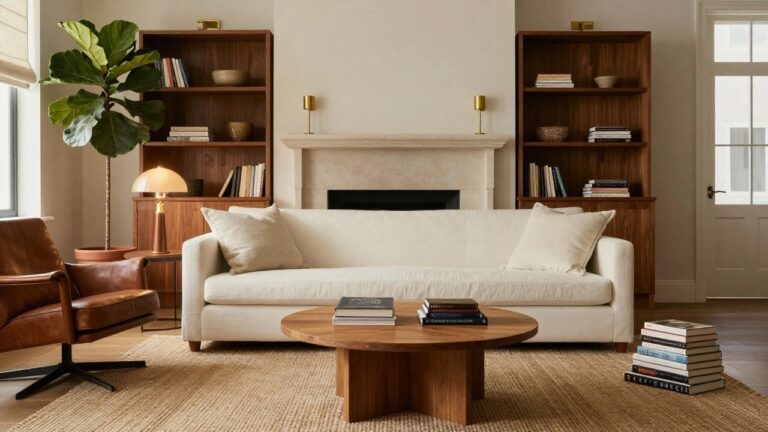 20 Balanced Transitional Decorating Ideas for a Cohesive Home A living room with a white sofa, round wooden coffee table stacked with books, and a large built-in wooden bookshelf filled with books beside a fireplace.