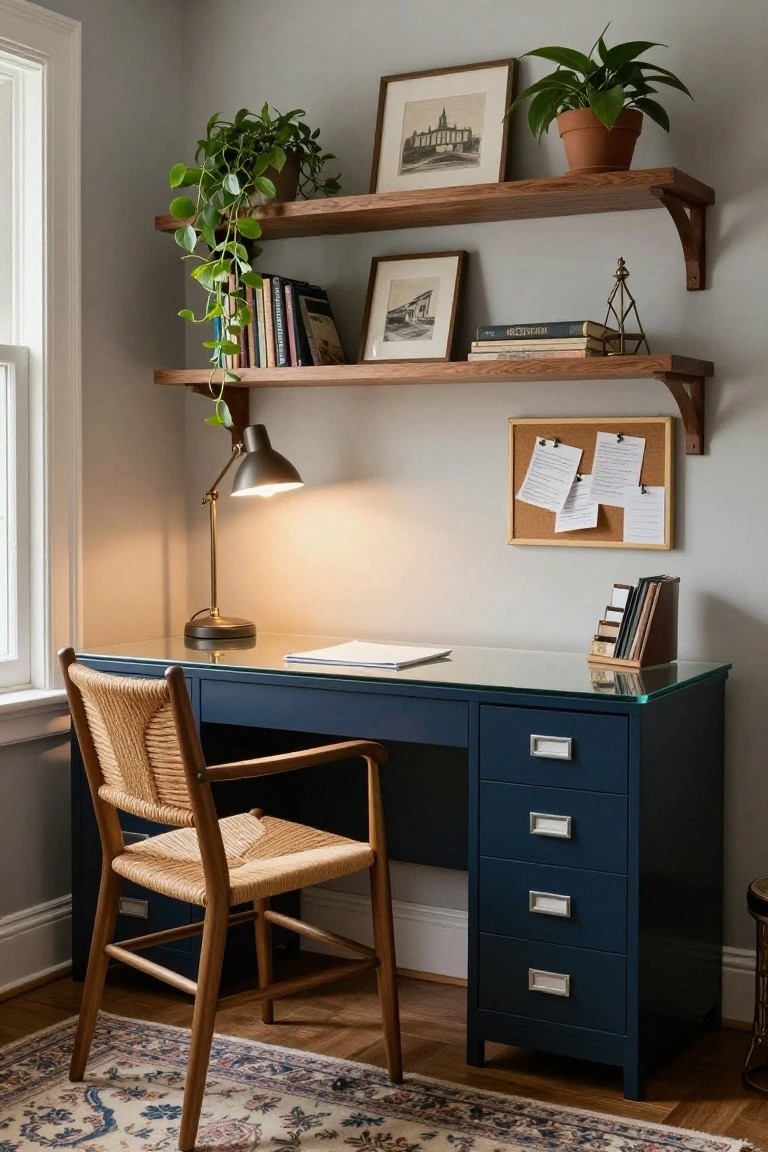 A blue desk with glass top and woven chair sits under two wooden floating shelves holding books, plants, framed pictures, and a corkboard on the wall.