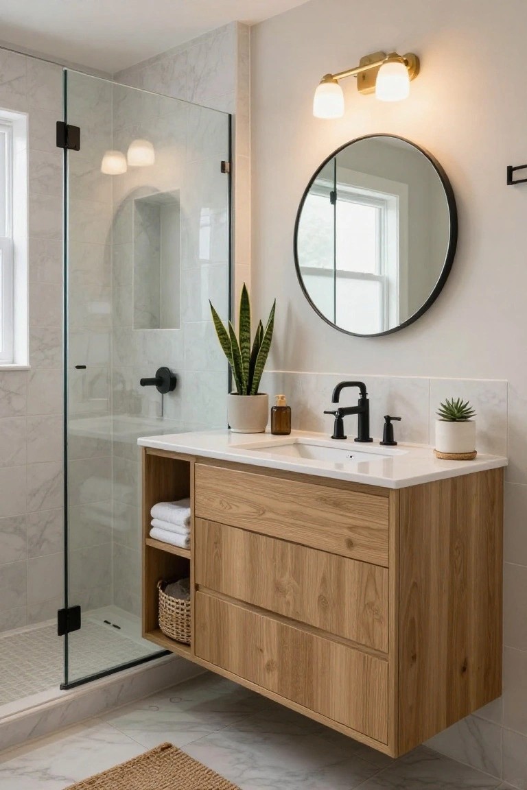 Modern bathroom with floating wood vanity, round mirror, black faucet, and glass shower