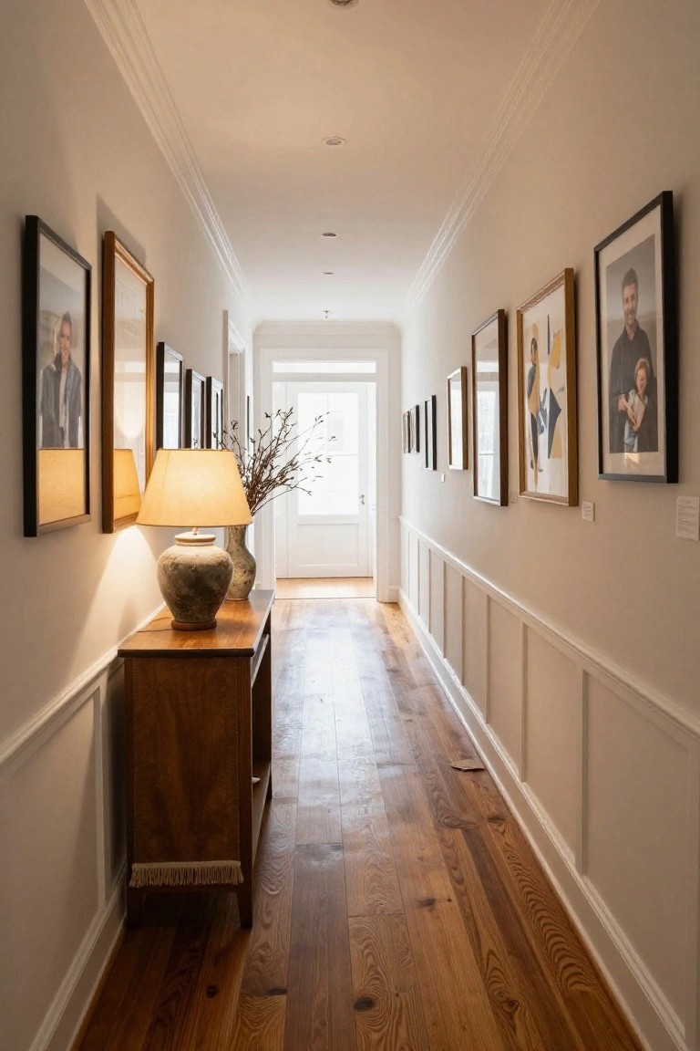 A long narrow hallway with wood flooring, white walls, and framed photos arranged along both sides above wainscoting, with a wooden console table holding a lamp and vase on the left.