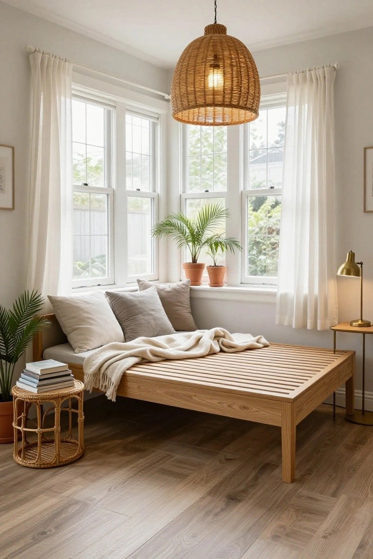 A light wood daybed with neutral pillows and a folded throw sits beneath three windows in a bright room with a large woven pendant light and potted plants.
