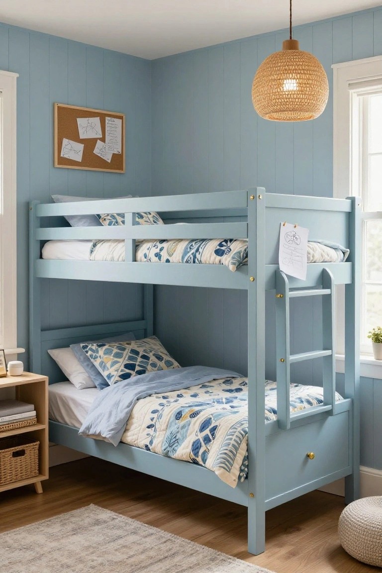 A light blue bunk bed with two beds inside a bedroom painted the same blue color.