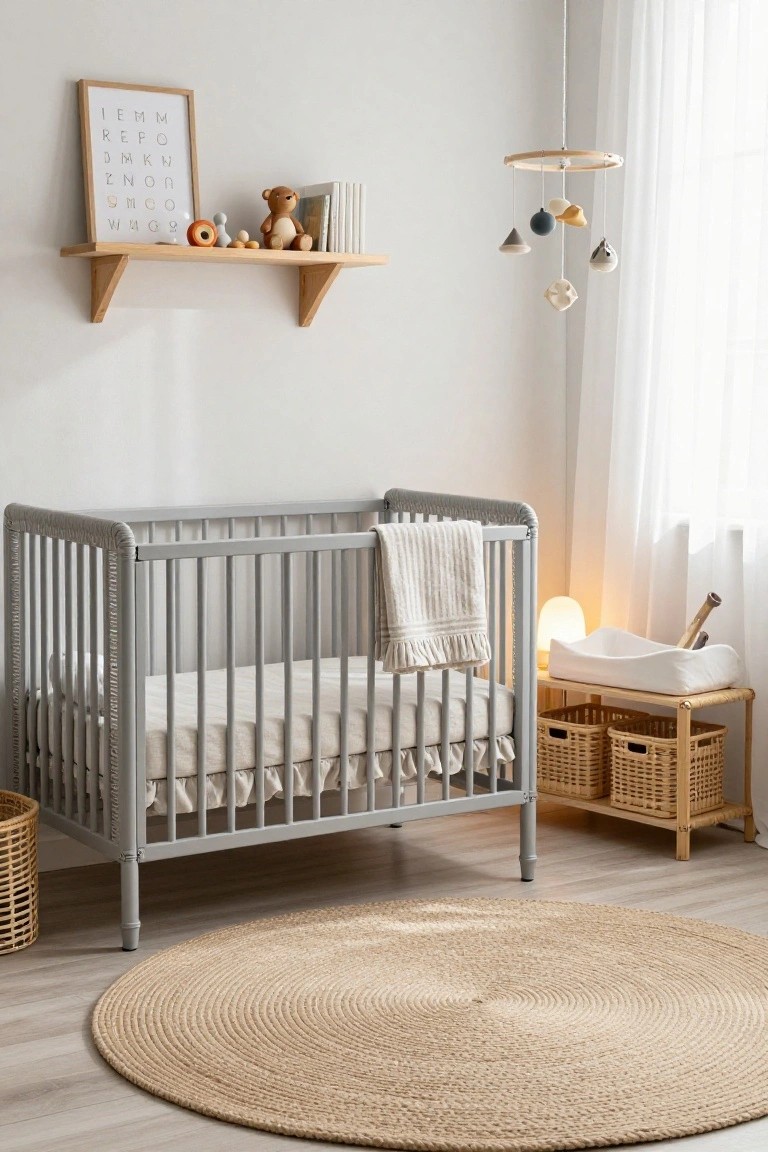 A gray crib with a white mattress stands on a light wood floor next to a large round jute rug, with a wooden wall shelf holding books and toys above it and a hanging mobile to the right.