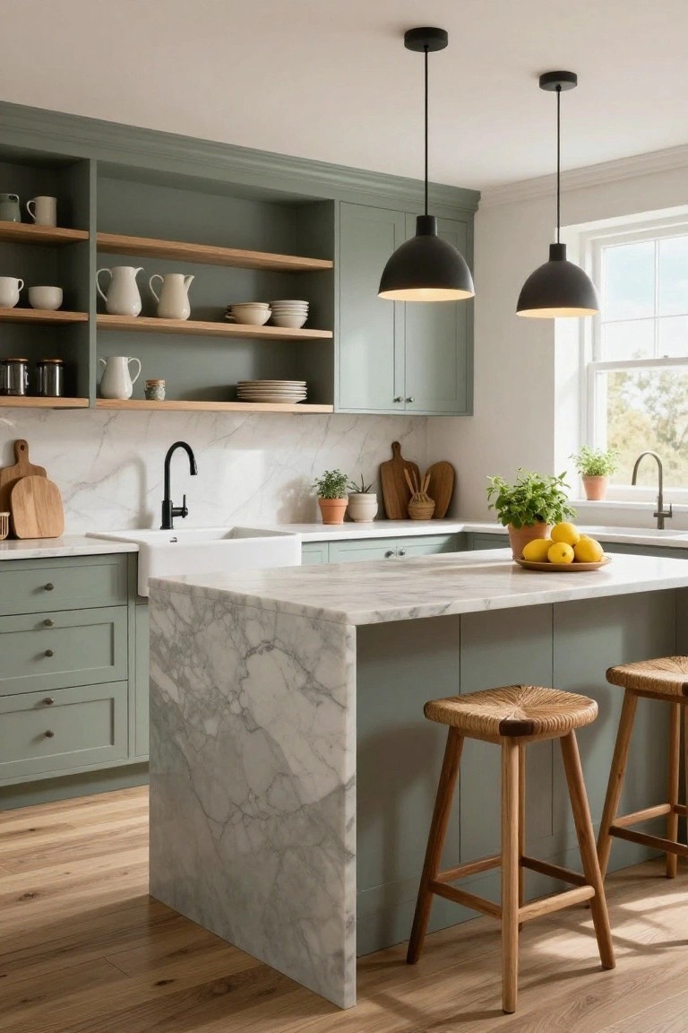 A kitchen interior with sage green cabinetry, a marble waterfall island, open wooden shelves holding white dishware, a white farmhouse sink with black faucet, and two black pendant lights above woven bar stools.