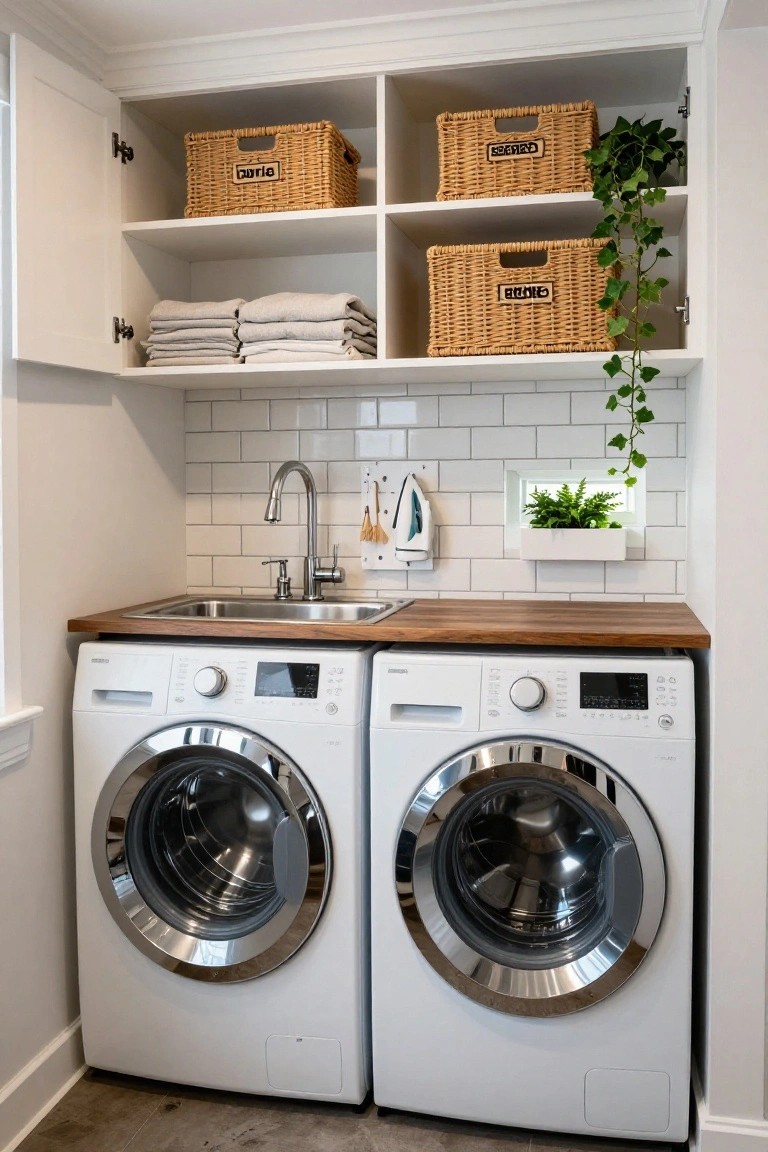 A laundry room with two white front-loading washing machines under a wooden countertop and sink, plus white open shelving holding woven baskets and folded towels.