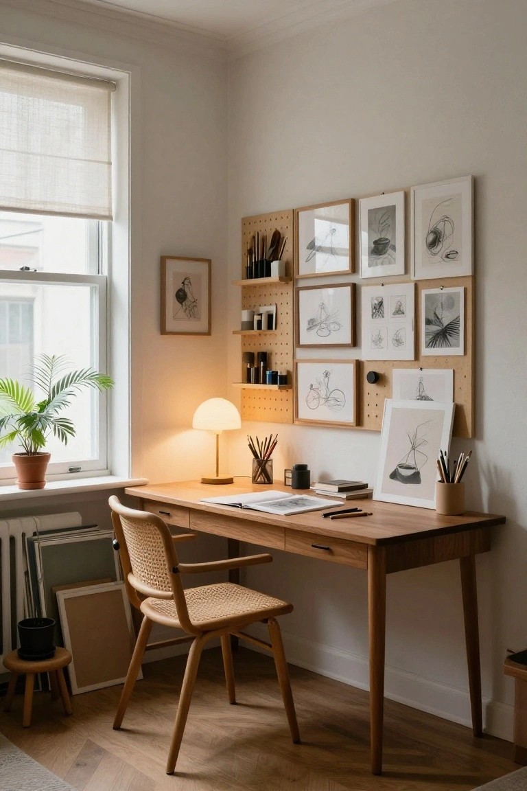 A light wood desk with a woven chair sits in front of a window, with a large pegboard mounted on the wall holding framed sketches and art supplies.