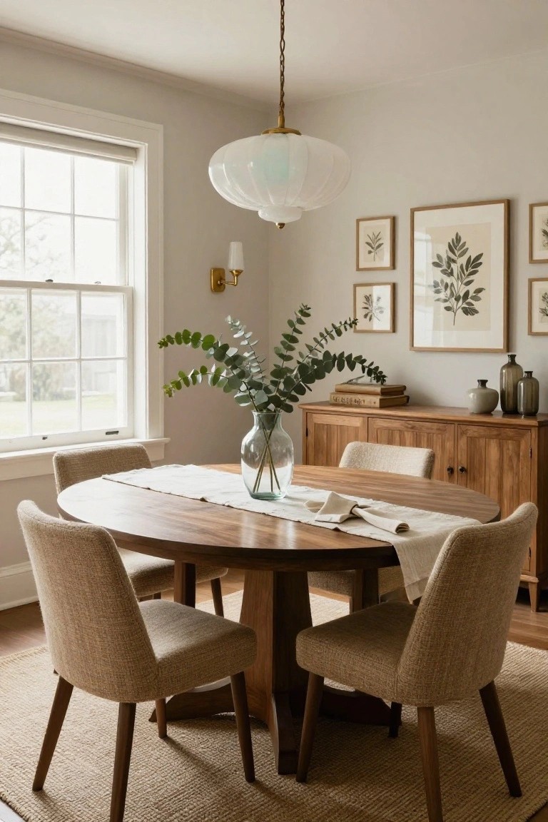 A round wooden dining table with beige upholstered chairs in a light-colored room featuring a wooden sideboard, botanical wall art, and a glass pendant light.