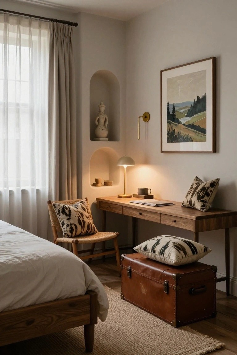 Cozy bedroom nook with wooden desk, woven chair, leather trunk, and arched niches.