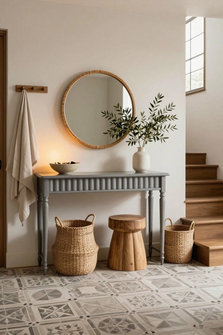 A gray console table with two woven baskets underneath and a round mirror above it in a light-colored hallway with wood stairs visible on the right.
