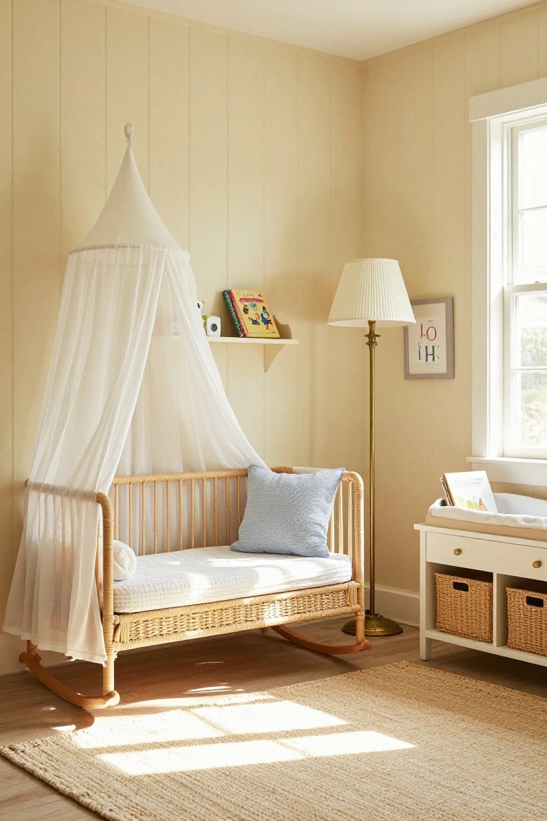 A bright nursery with a rattan rocking bassinet draped in a white canopy, a floating shelf above it, a brass floor lamp, and a white changing table near the window.