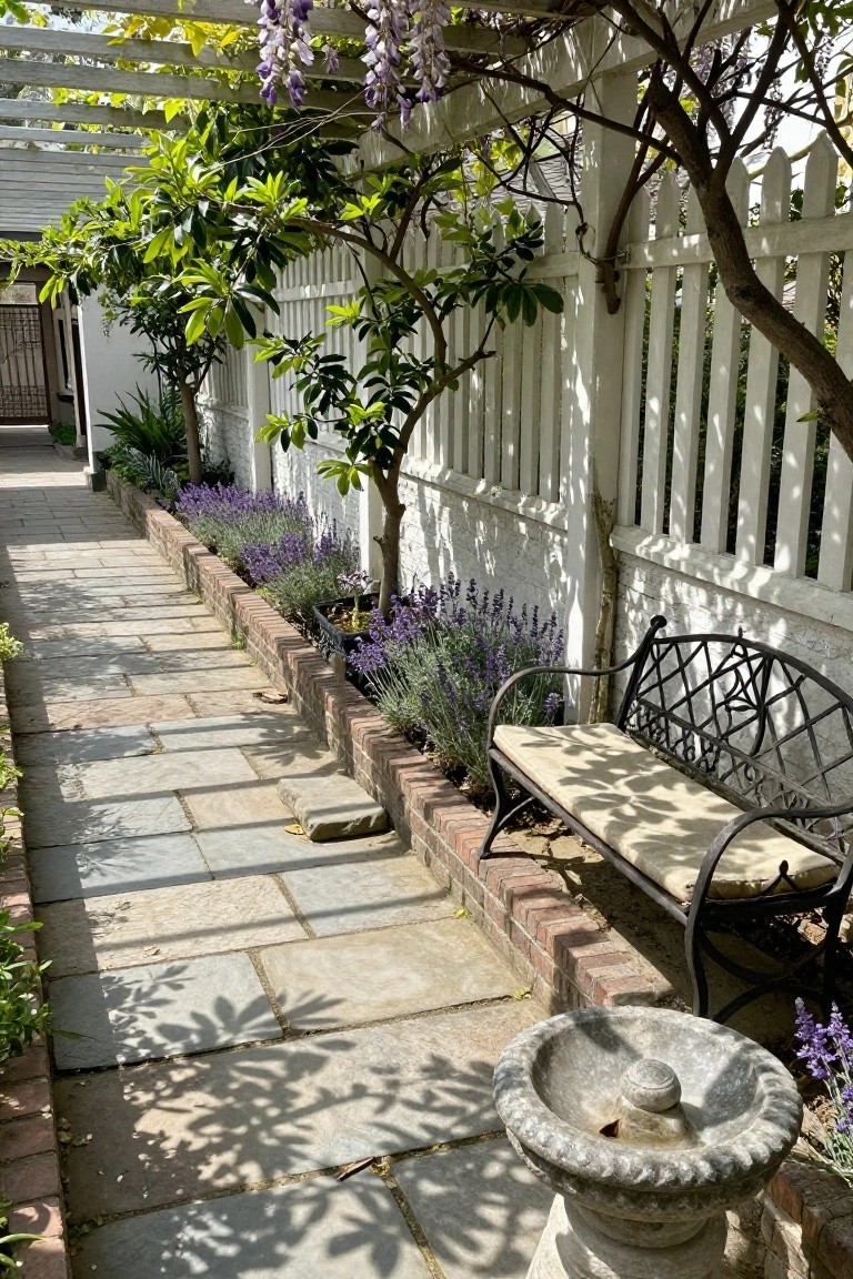 A stone pathway runs alongside brick-edged garden beds filled with lavender and other plants, with a metal bench and birdbath nearby.