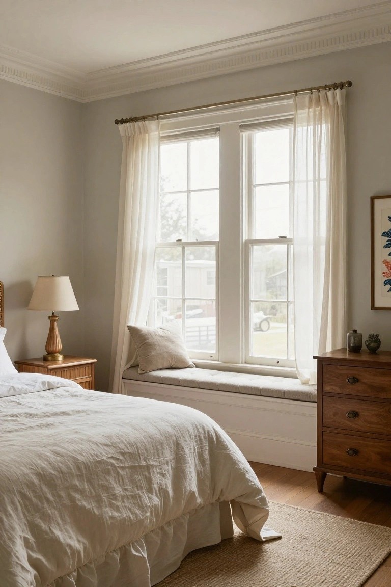 A bedroom interior showing a white built-in window seat with a cushion and pillow beneath two large windows with sheer curtains, next to a bed with white bedding and a wooden nightstand.