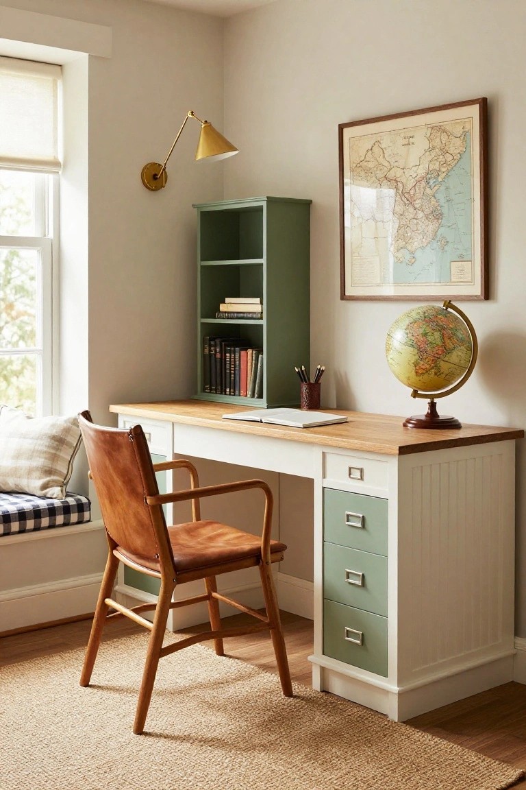 A home office corner with a white desk featuring green drawers, a matching green bookshelf above it, a brown leather chair, and a globe on the desk.