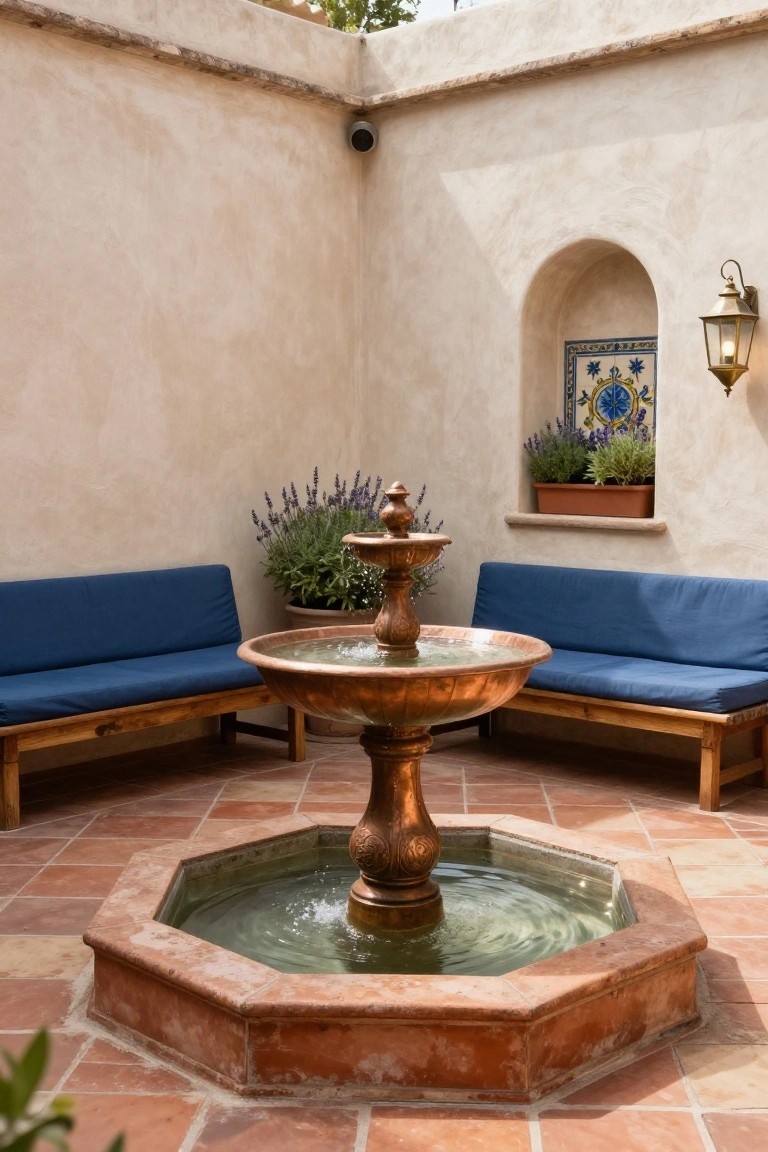 A courtyard patio with a tiered copper fountain centered in an octagonal basin, flanked by two wooden benches with blue cushions on terracotta tiles.