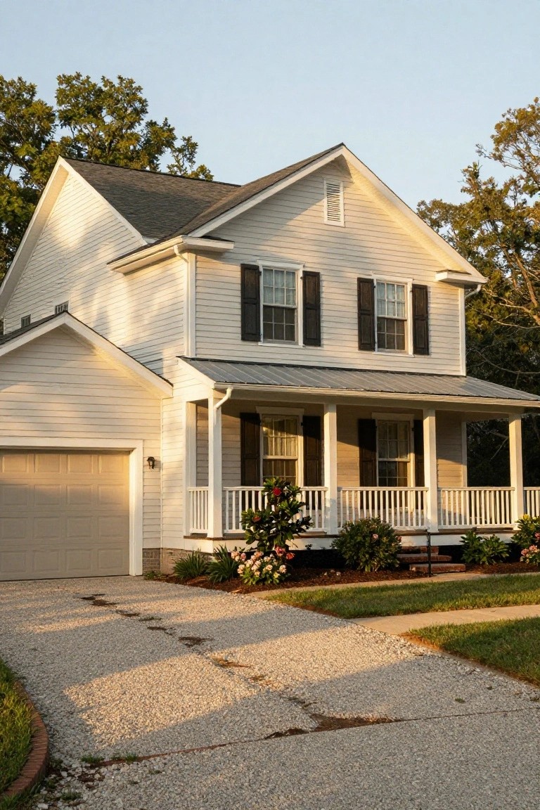 Two-story white house with porch, dark shutters, garage, and flower-lined gravel driveway.