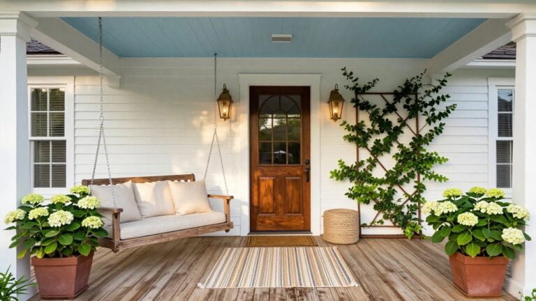 20 Bright Southern Traditional Home Ideas That Elevate Everyday Living A wooden hanging swing bench with cushions is suspended on chains in front of a brown paneled door on a white house porch, with potted plants and two lanterns nearby.