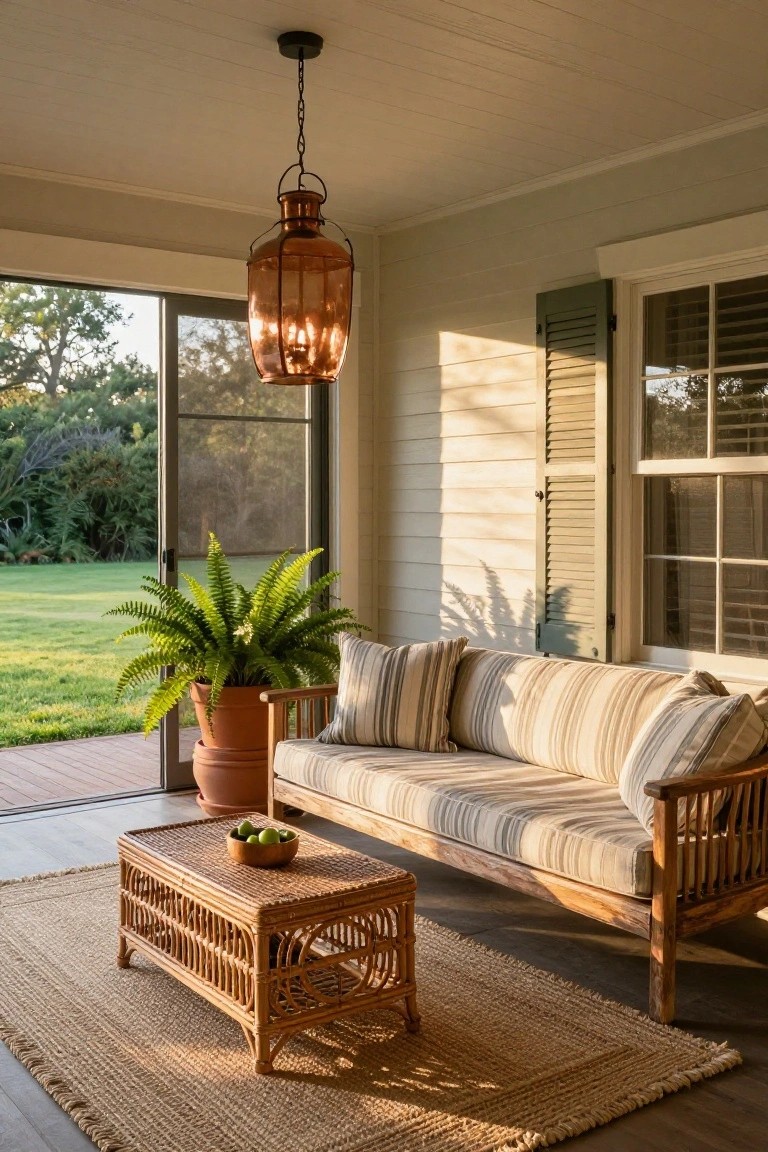 A wooden porch features a striped sofa, rattan coffee table, potted fern, and large hanging copper lantern.