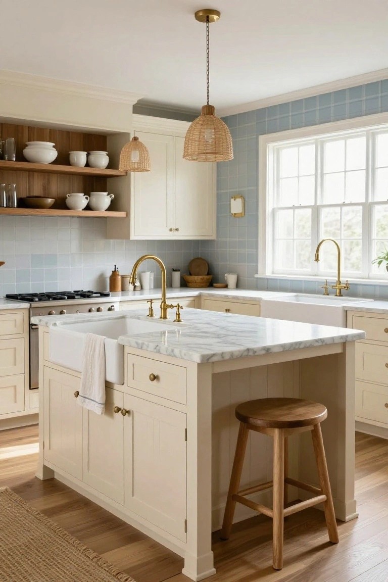 A bright kitchen interior showing a central island with white marble countertop, an integrated white farmhouse sink, brass faucet, cream cabinets, light blue tile backsplash, and a wooden stool.