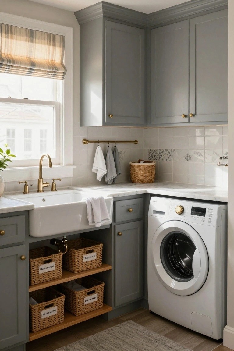 A laundry room corner with gray cabinets, a white farmhouse sink, open wooden shelves holding woven baskets, and a front-loading washing machine.