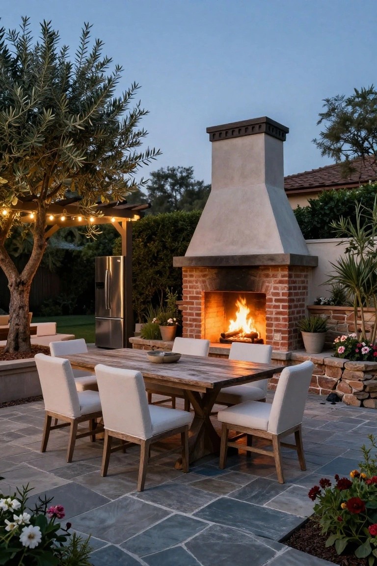 A wooden dining table with white chairs sits on a stone patio in front of a large brick and stucco outdoor fireplace with a fire lit.
