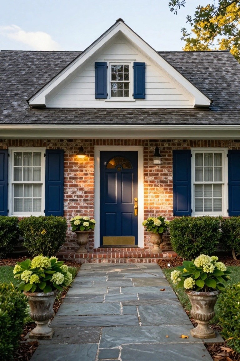 A front view of a brick house with a navy blue door, white trim, blue shutters, and a stone pathway lined with potted plants.