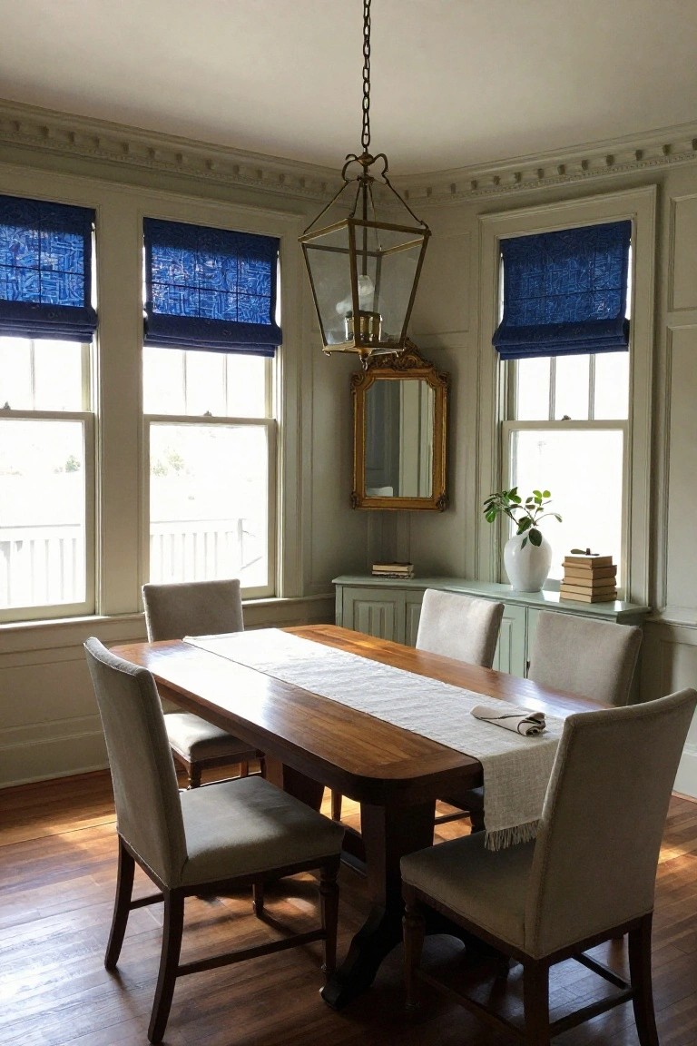 Elegant dining room with wooden table, beige chairs, blue shades, and brass lantern.