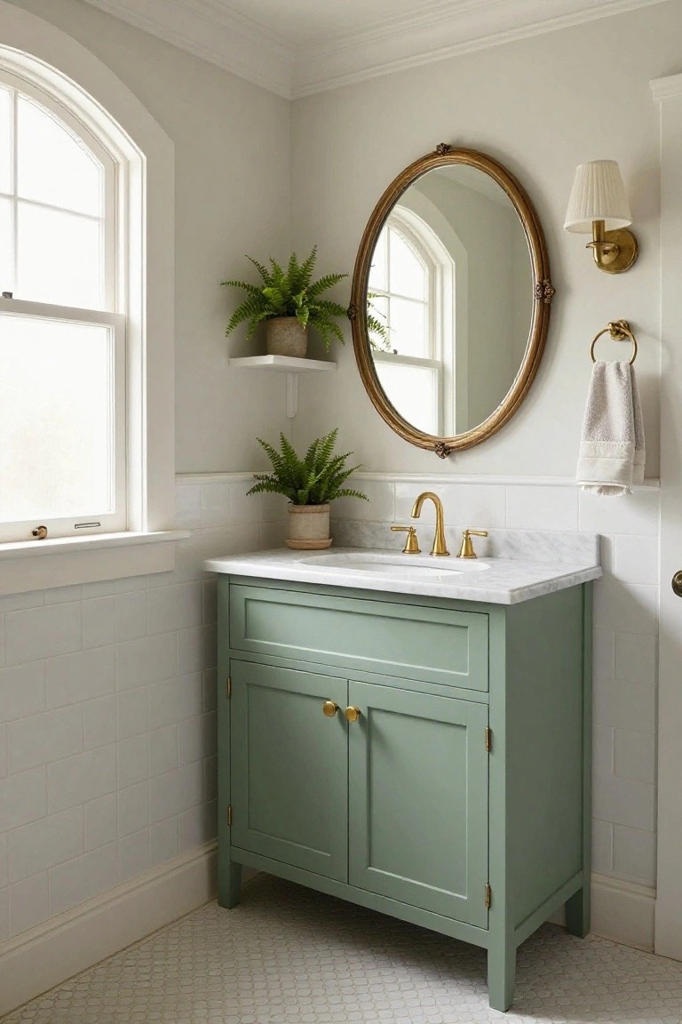 A bathroom with a soft green vanity cabinet, white marble countertop, gold faucet, oval mirror, and white subway tile walls.