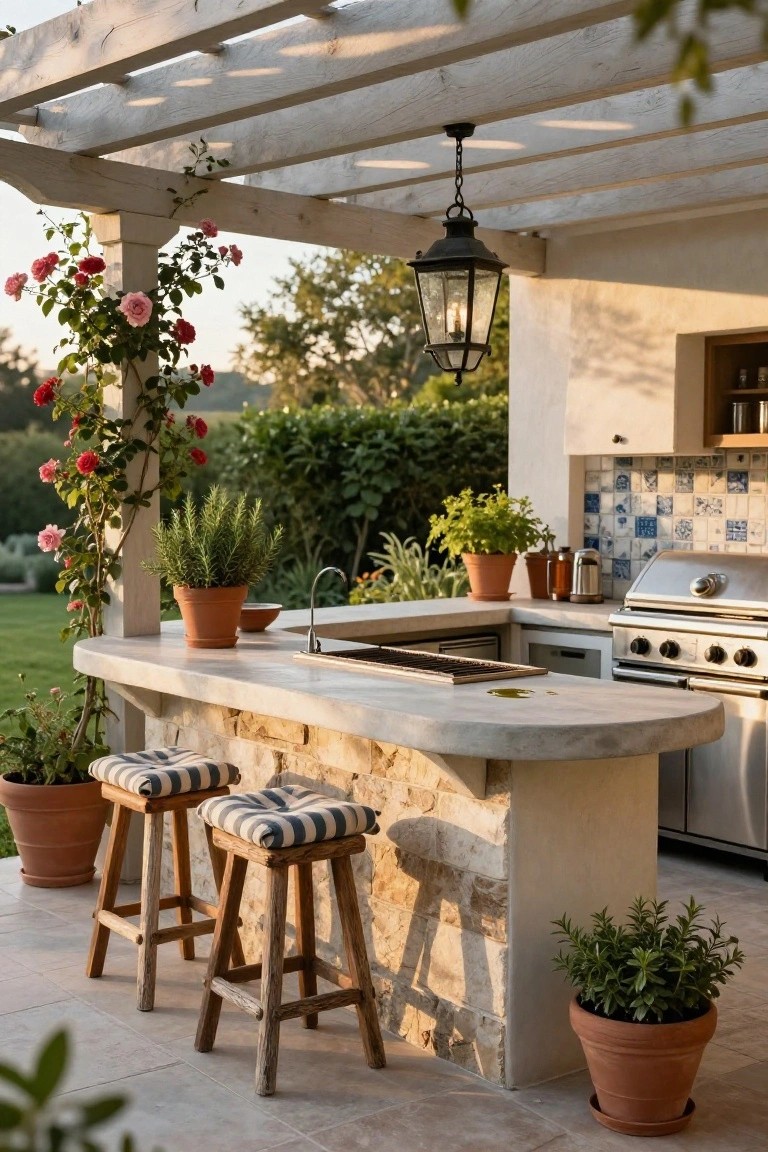 Rustic outdoor kitchen with stone island, striped stools, grill, and potted roses under pergola
