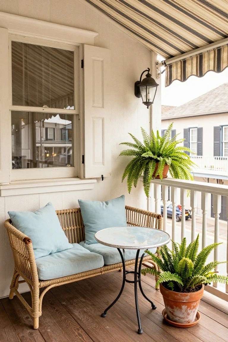 A wicker bench with light blue cushions and a round metal table sit on a wooden porch beside potted ferns, with a striped awning overhead and a window with shutters to the left.
