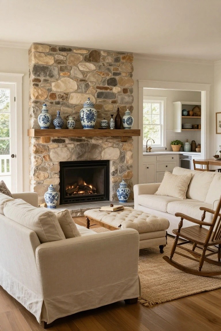 A living room with a large stone fireplace, white slipcovered sofas, a tufted ottoman, and a wooden rocking chair arranged around the hearth.