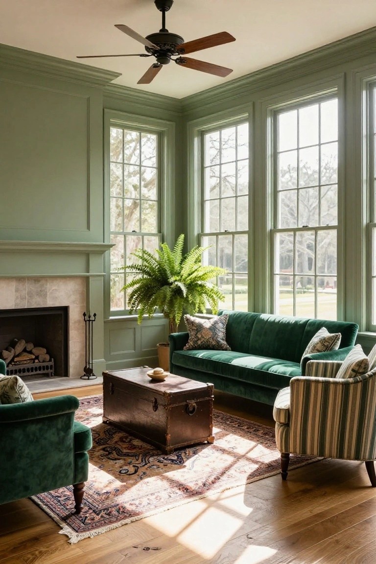 Interior view of a family room with sage green walls, a green velvet sofa, two armchairs, a wooden trunk used as a coffee table, a fireplace, and large multi-paned windows.