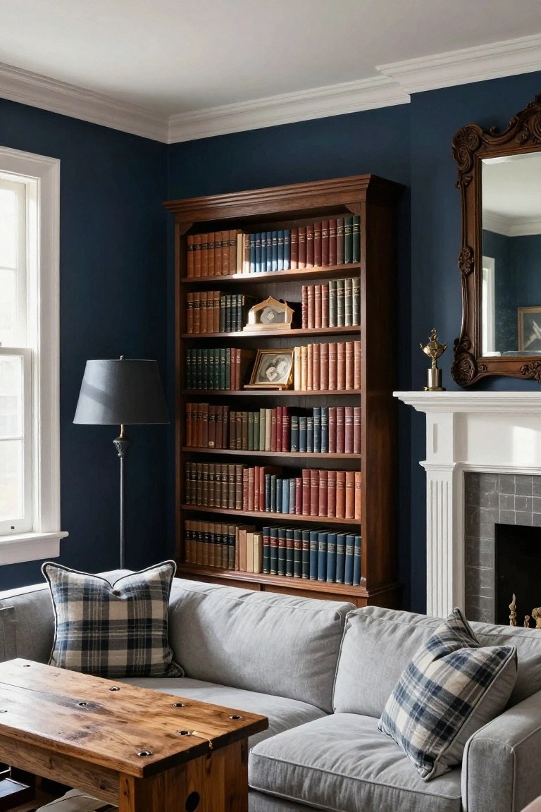 A family room with a large wooden built-in bookshelf filled with books against dark blue walls, a gray sofa with plaid pillows, a wooden coffee table, and a white fireplace mantel to the right.