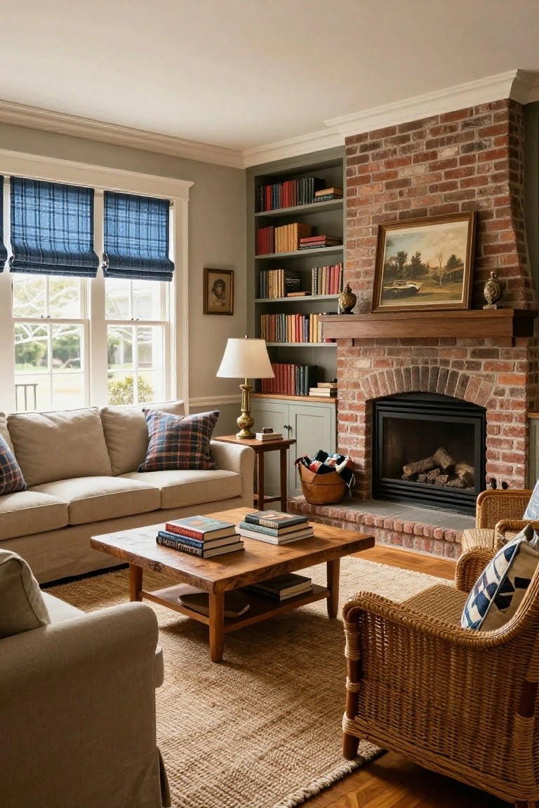 A living room with a brick fireplace, built-in bookshelves filled with books, a beige sofa, wooden coffee table, and wicker chair on a woven rug.