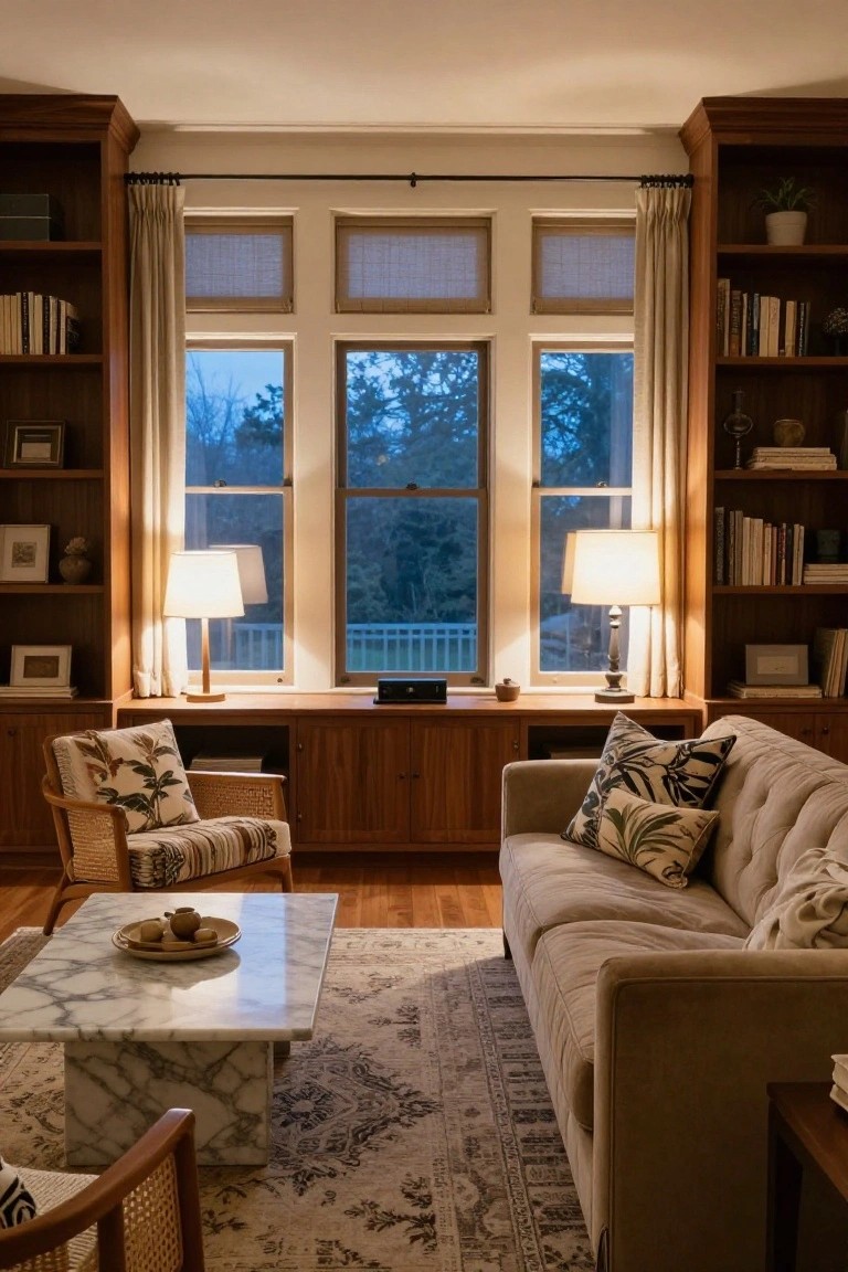 A family room interior showing built-in wooden bookshelves flanking three large windows, with a sofa, marble coffee table, and armchairs arranged on a rug.