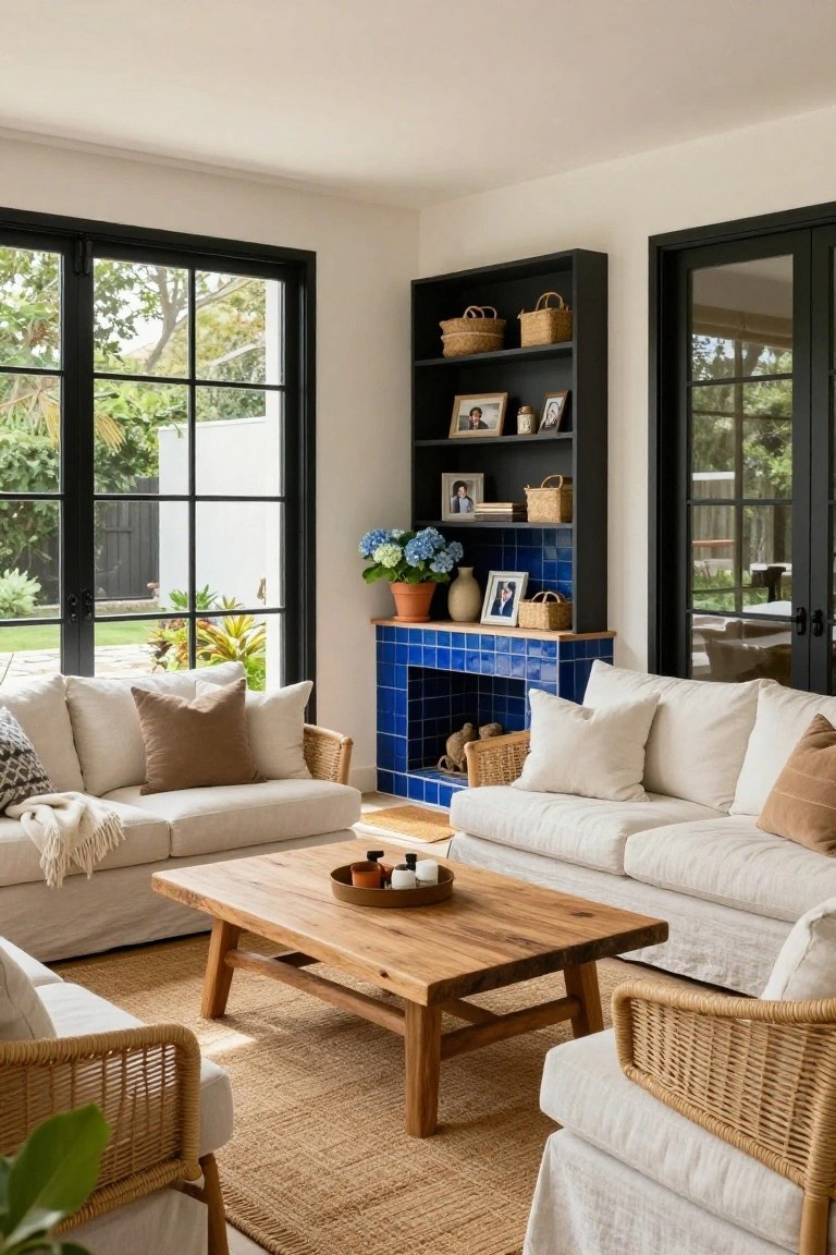 A living room with two white sofas facing a wooden coffee table, a blue-tiled fireplace, and black built-in shelves above it holding baskets and framed photos.