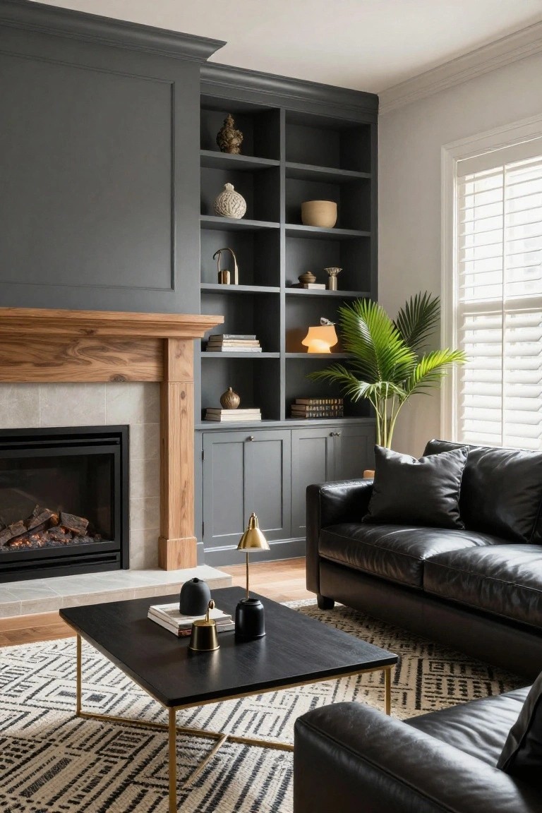 A living room featuring dark gray built-in shelving and cabinets beside a fireplace with a wooden mantel, a black leather sofa, a black coffee table, and a patterned rug.
