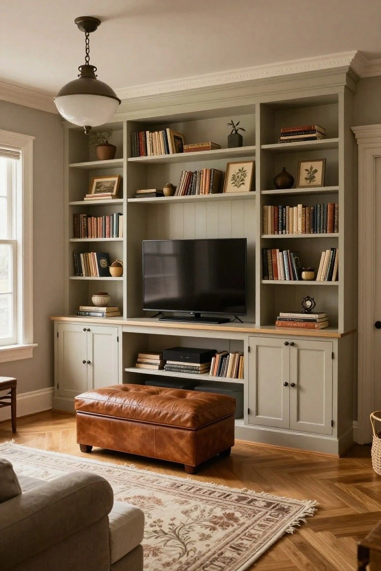 A family room featuring built-in light gray bookshelves and cabinets surrounding a wall-mounted television, with a brown leather ottoman in front.