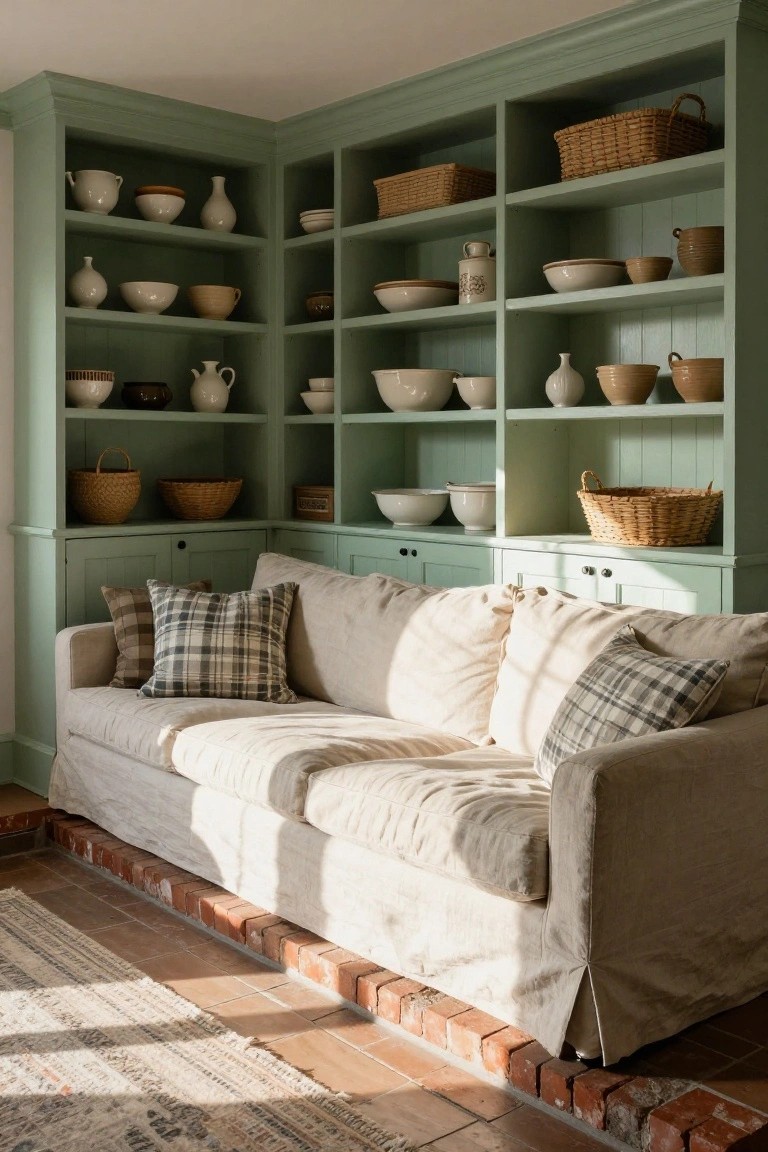 A living room with a beige slipcovered sofa in front of sage green built-in shelves filled with bowls, baskets, and pitchers, set above brick flooring with sunlight casting shadows across the scene.