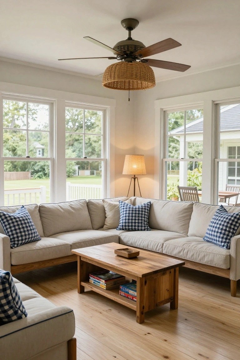 A bright family room with a large L-shaped beige sectional sofa arranged around a wooden coffee table beneath a ceiling fan with a woven shade.