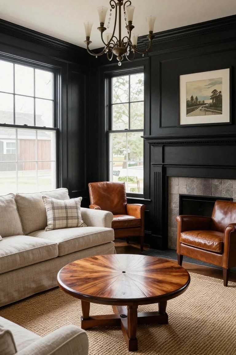 A family room with black walls, white trim, a light sofa, two brown leather chairs, and a round wooden coffee table arranged around a fireplace.