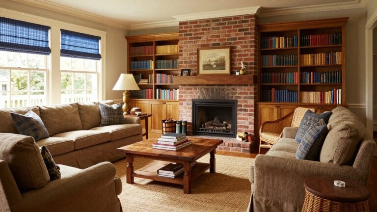 19 Classic Southern Family Room Ideas Made for Everyday Gathering A living room with a brick fireplace, built-in bookshelves filled with books, a beige sofa, wooden coffee table, and wicker chair on a woven rug.