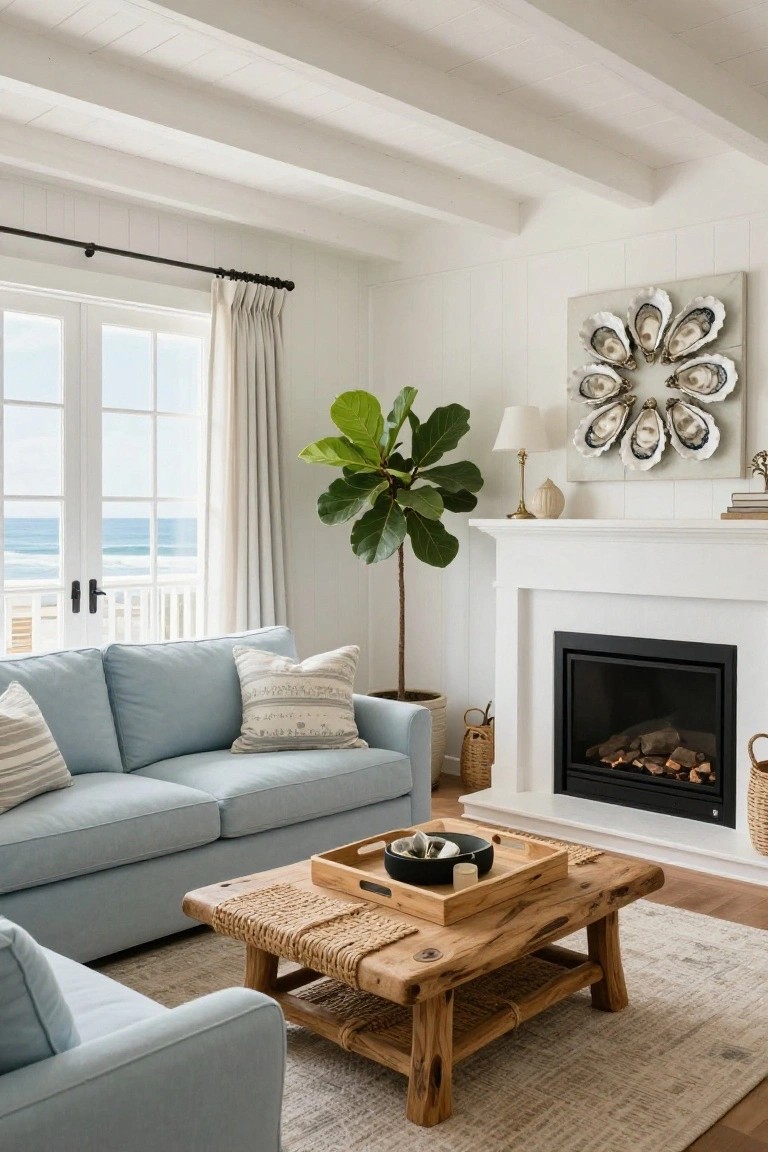 A bright living room featuring a light blue sofa, rustic wood coffee table, white fireplace, and French doors with an ocean view.