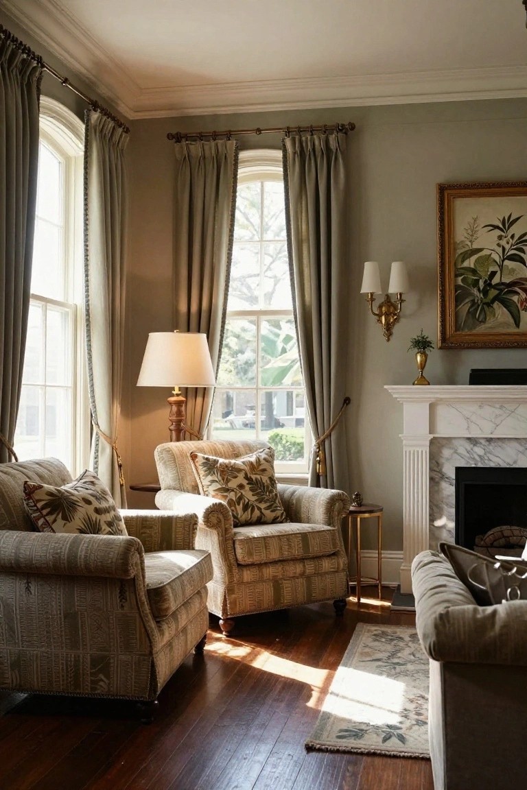 A family room with two patterned armchairs, a marble fireplace, and tall windows dressed in gray curtains.