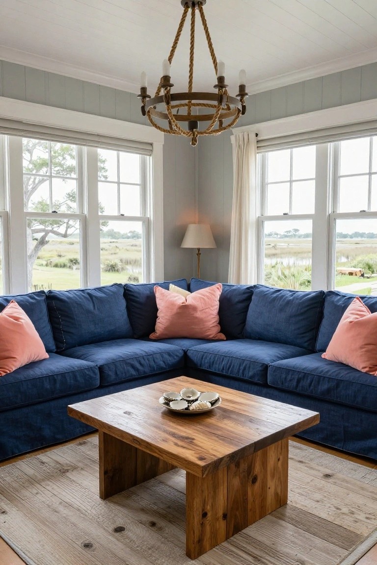 Blue sectional sofa with pink pillows in bright room with rope chandelier and marsh view